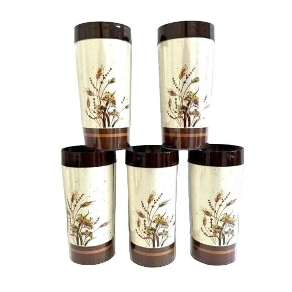 Vintage Thermo-Serv Insulated Tumblers Set of 5 Wheat Harvest Brown MCM USA